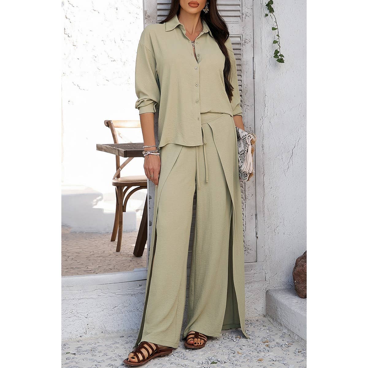 Sage Green Button-Up Top & Side-Slit Pants Set