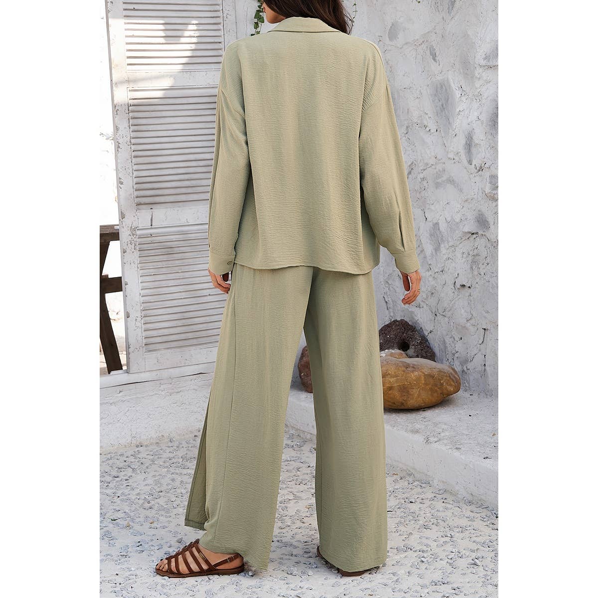 Sage Green Button-Up Top & Side-Slit Pants Set