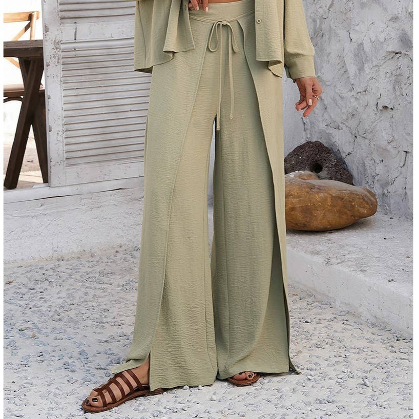 Sage Green Button-Up Top & Side-Slit Pants Set