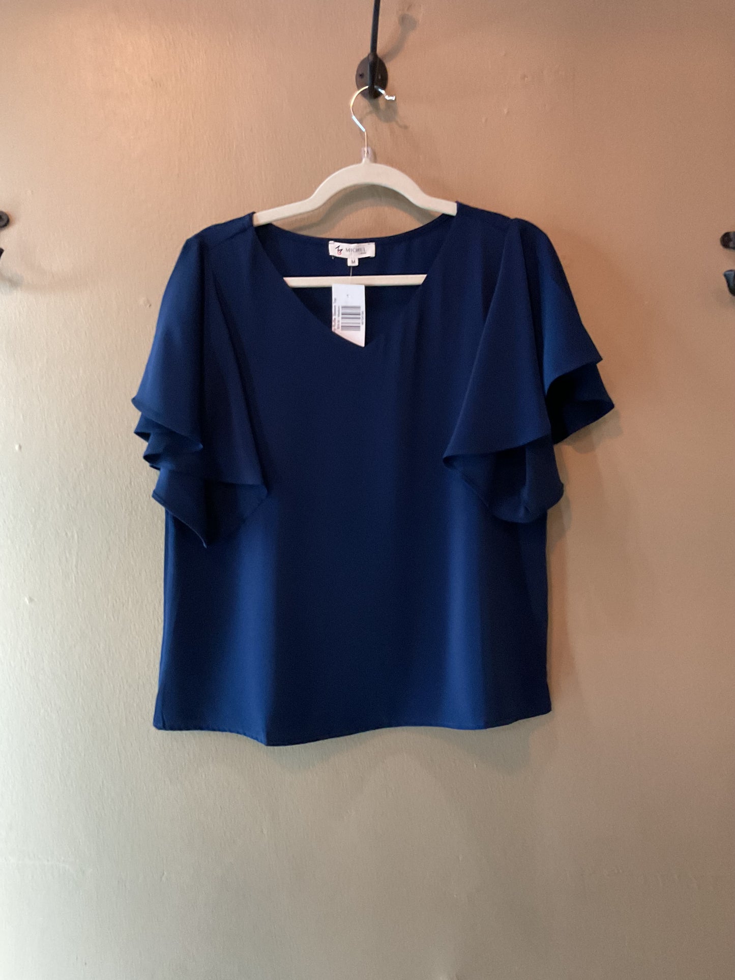 Navy Ruffle Sleeve Top