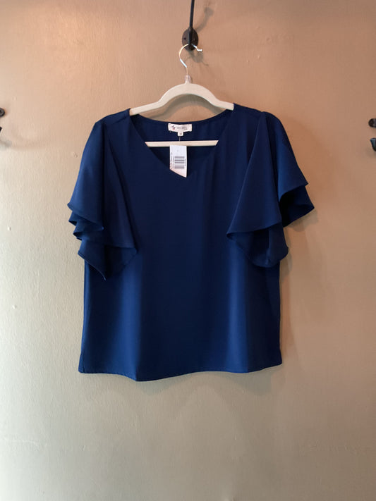 Navy Ruffle Sleeve Top