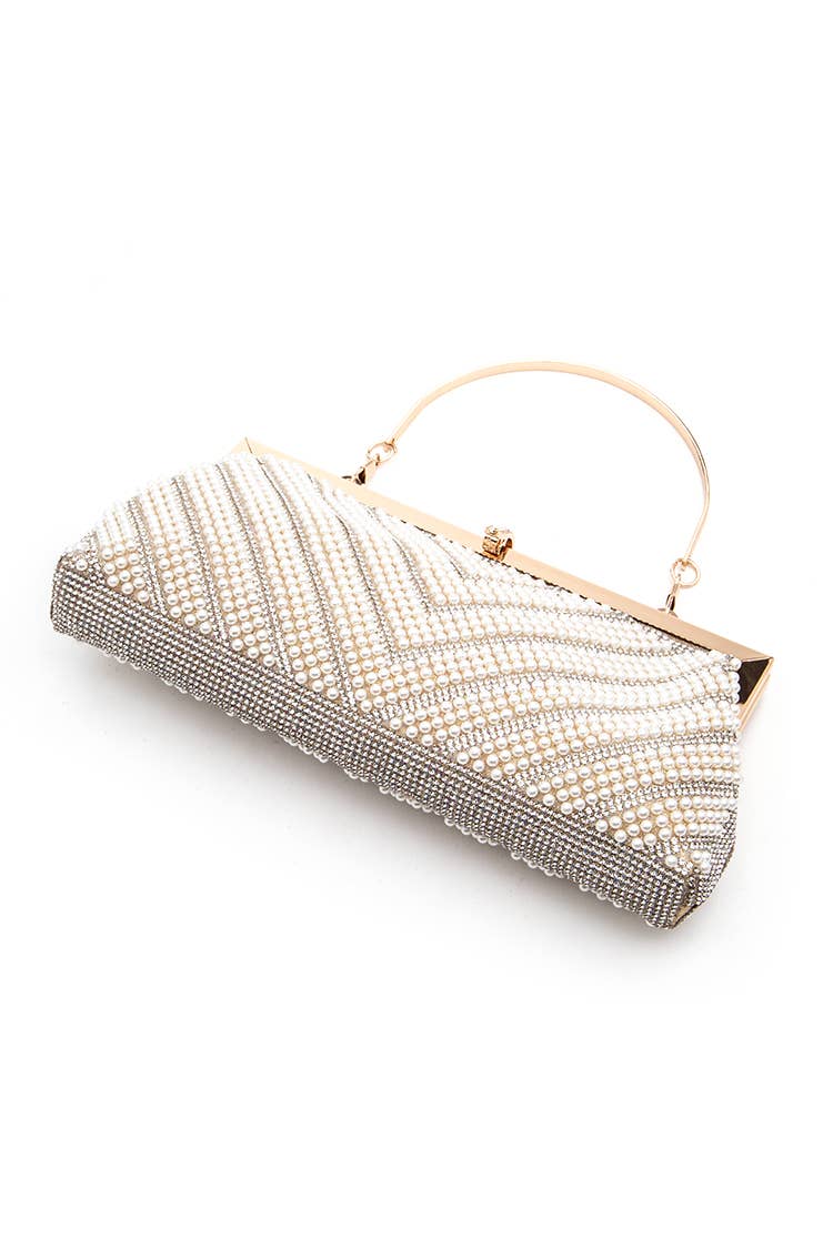 Chevron Mix Pearl Rhinestone Evening Statement Clutch Bag