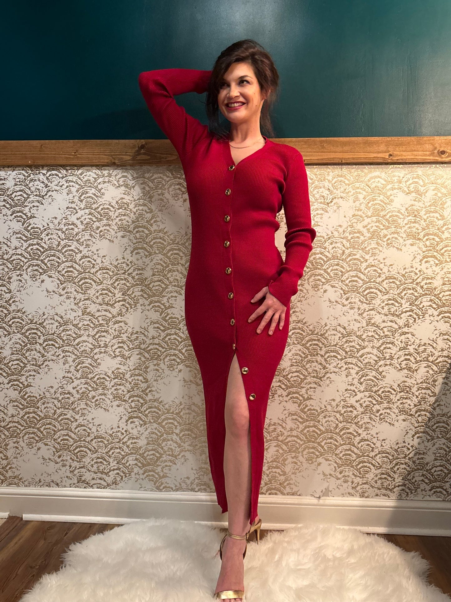 Deep Cranberry Button Sweater Dress
