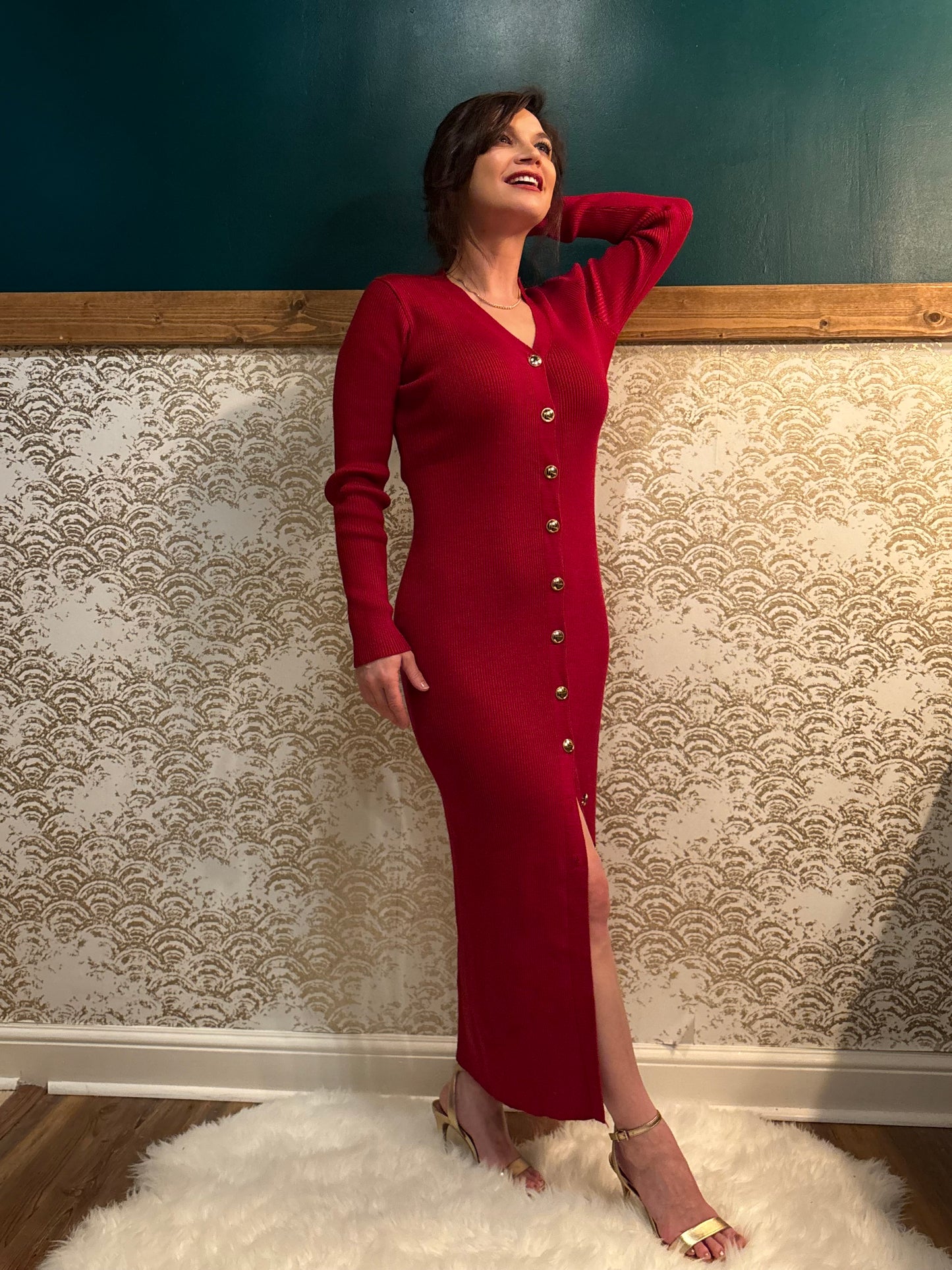 Deep Cranberry Button Sweater Dress
