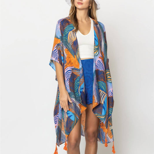 Palm Leaf Print Open Front Kimono