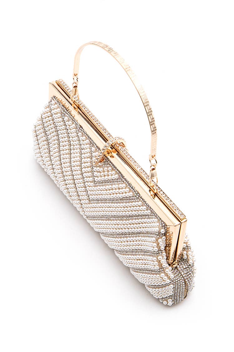 Chevron Mix Pearl Rhinestone Evening Statement Clutch Bag