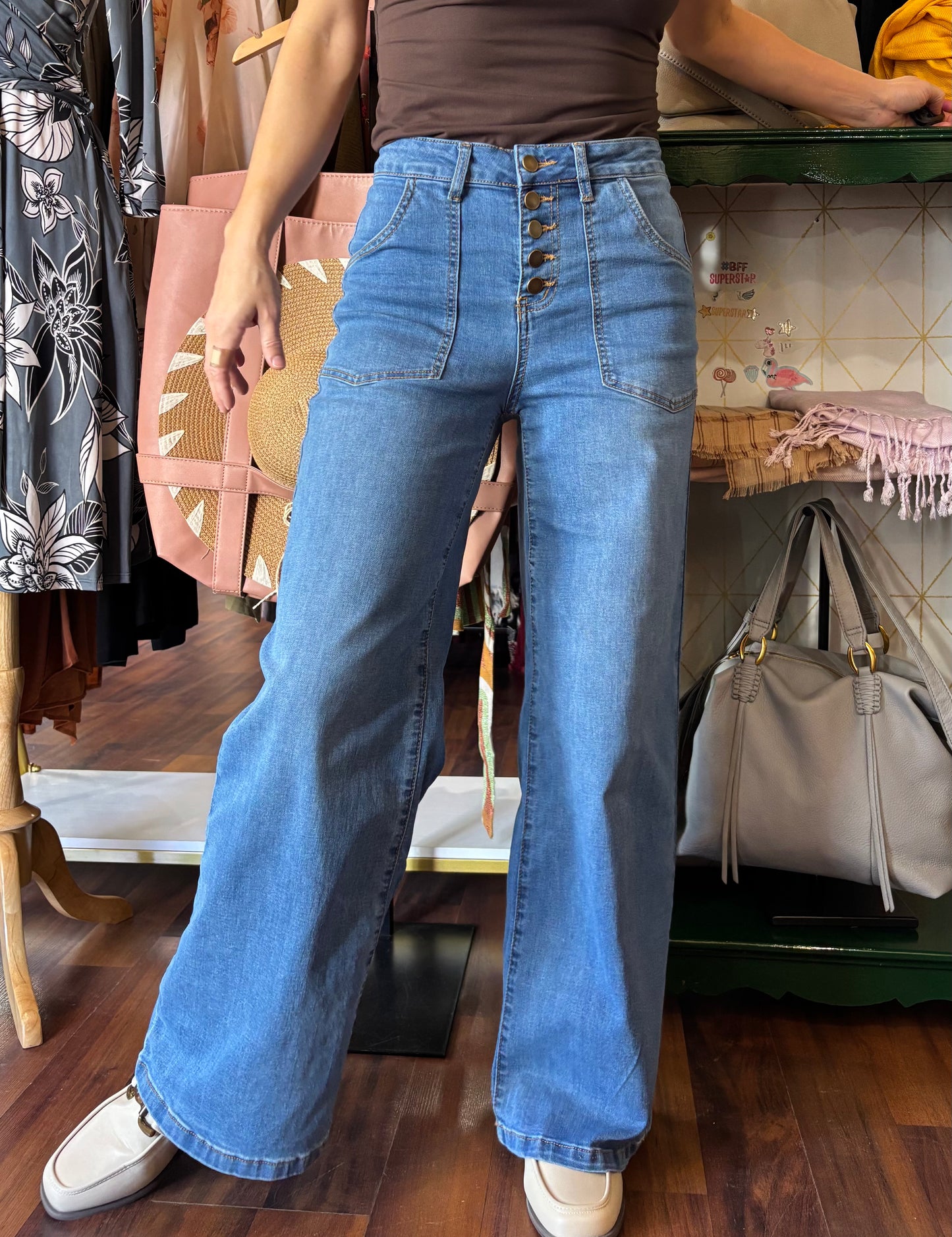 Wide Leg Button Jeans
