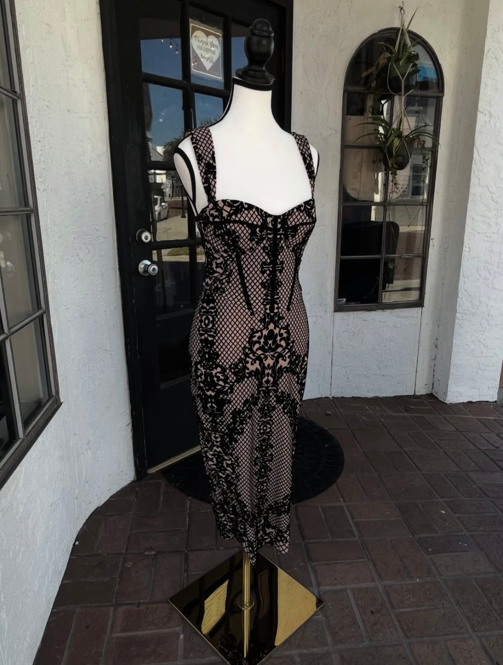 Velvet Flocking On Mesh Midi Dress