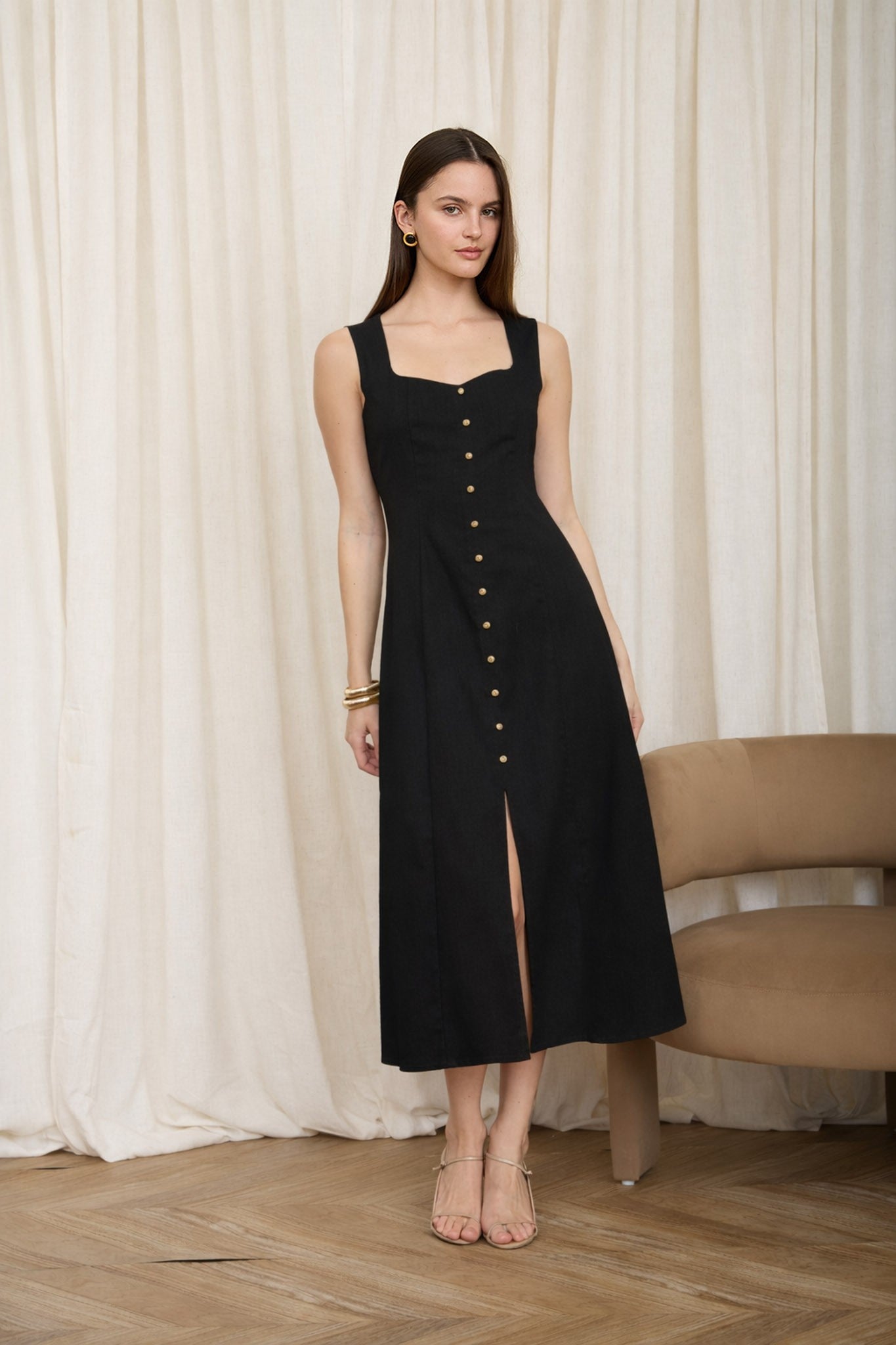 Black Button Down Linen Blend Midi