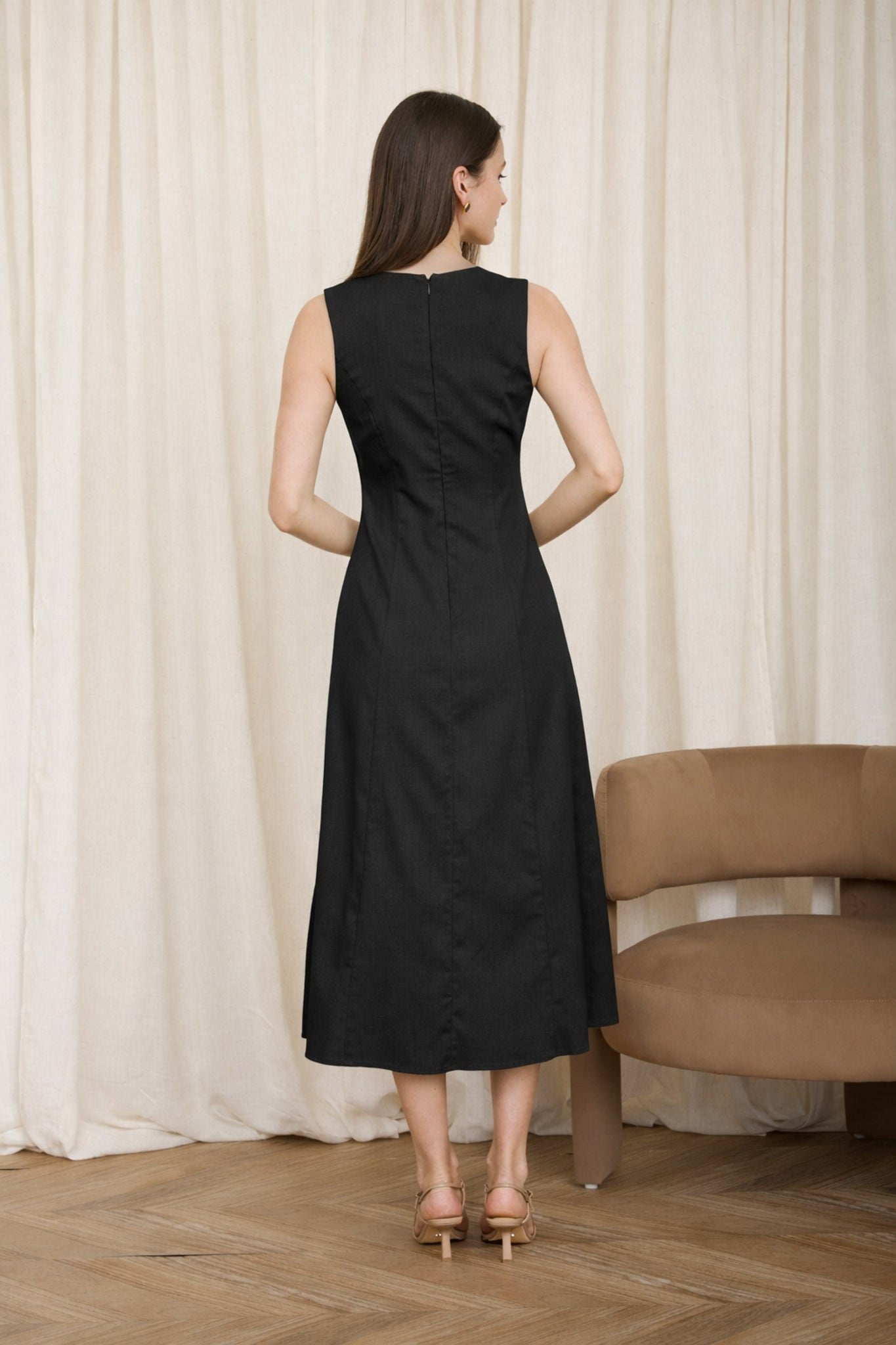 Black Button Down Linen Blend Midi