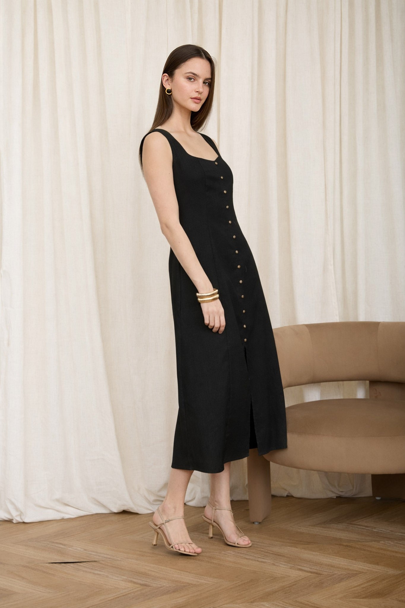Black Button Down Linen Blend Midi