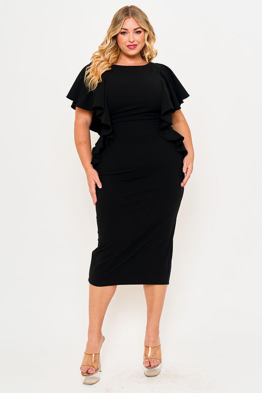 Black Ruffle Detail Plus Cocktail Dress