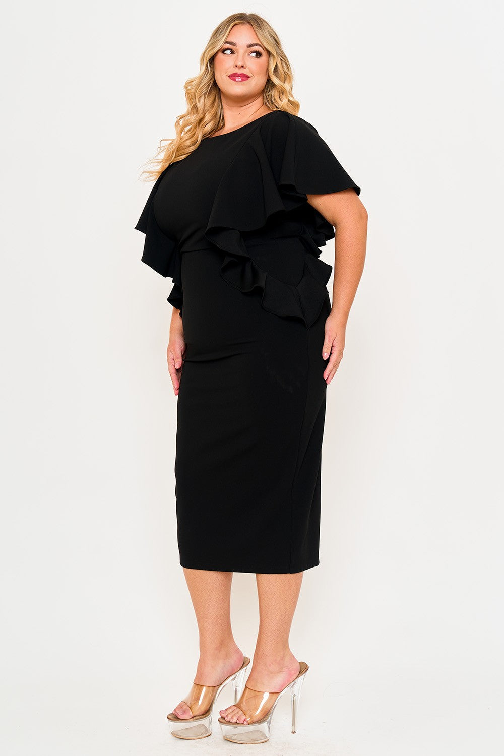 Black Ruffle Detail Plus Cocktail Dress