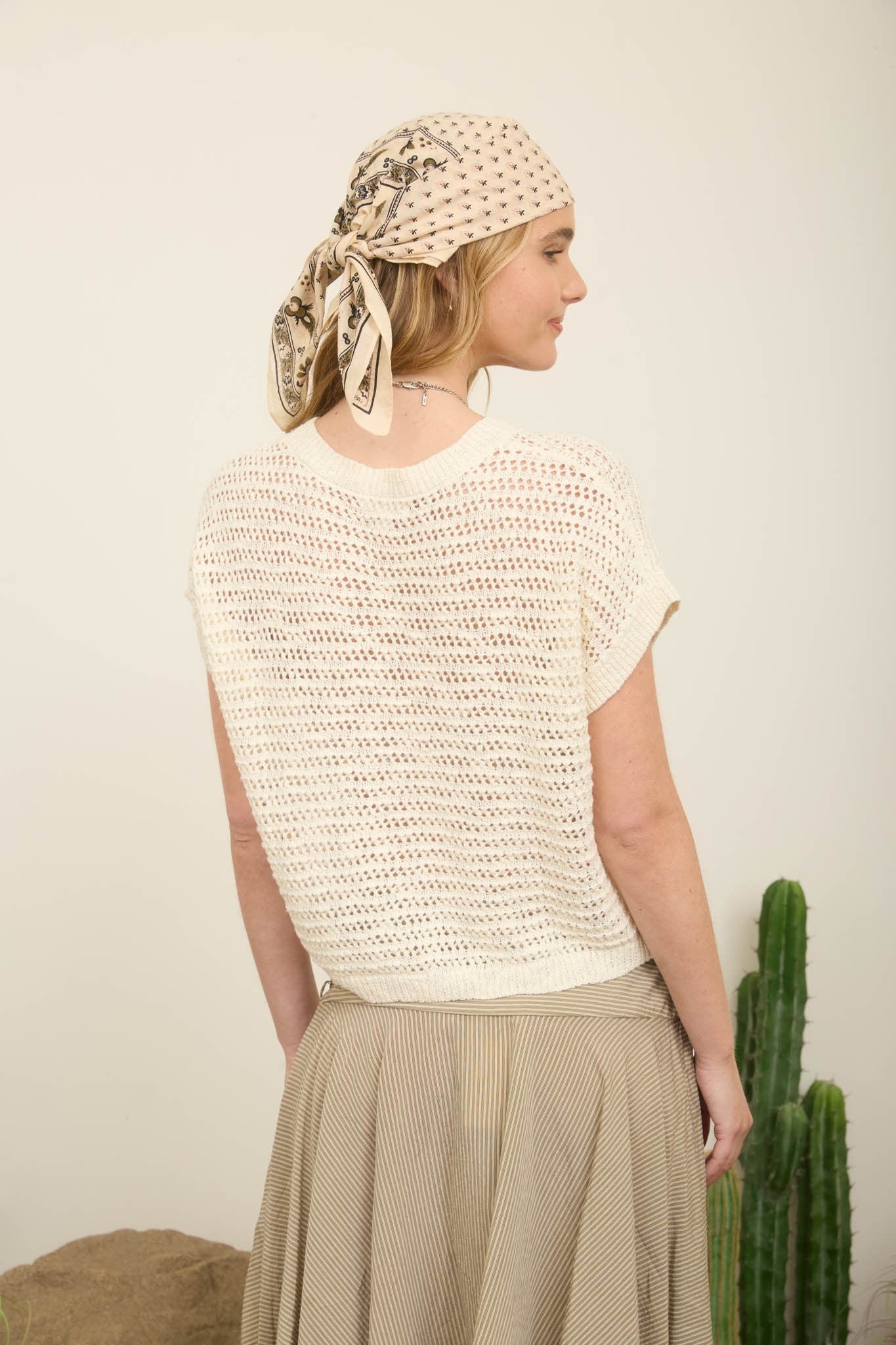 Cream Lace Up Crochet Top