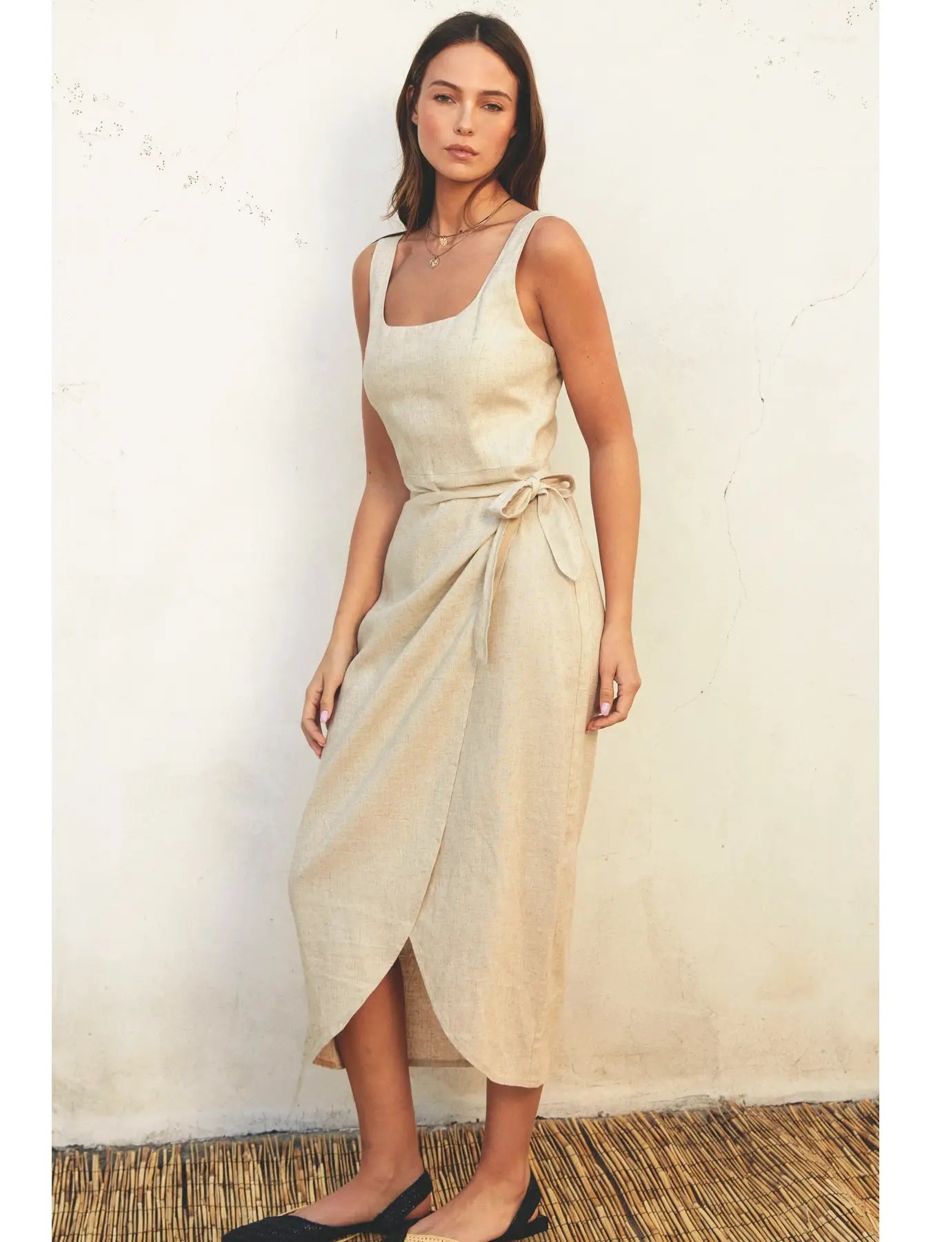 Oatmeal Tulip Hem Midi Wrap Dress
