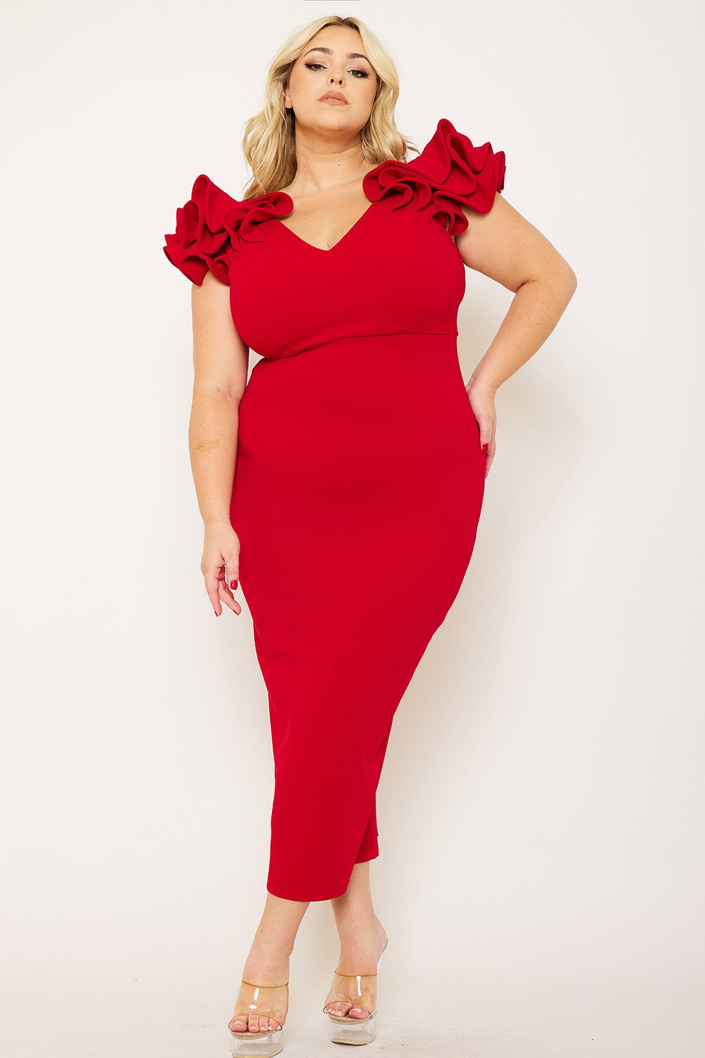 Red Ruffle Sleeve Plus Cocktail Dress