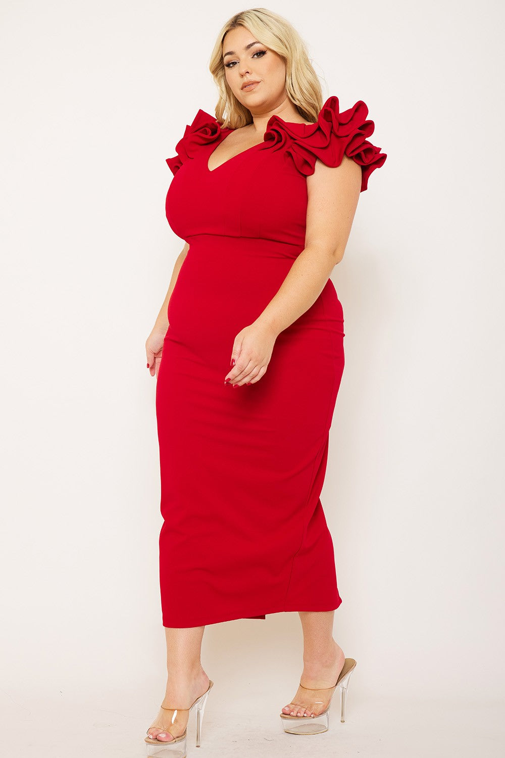 Red Ruffle Sleeve Plus Cocktail Dress