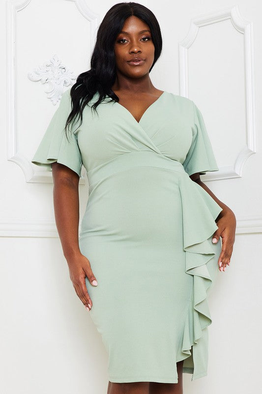 Sage Green Ruffle Detail Midi Cocktail Dress