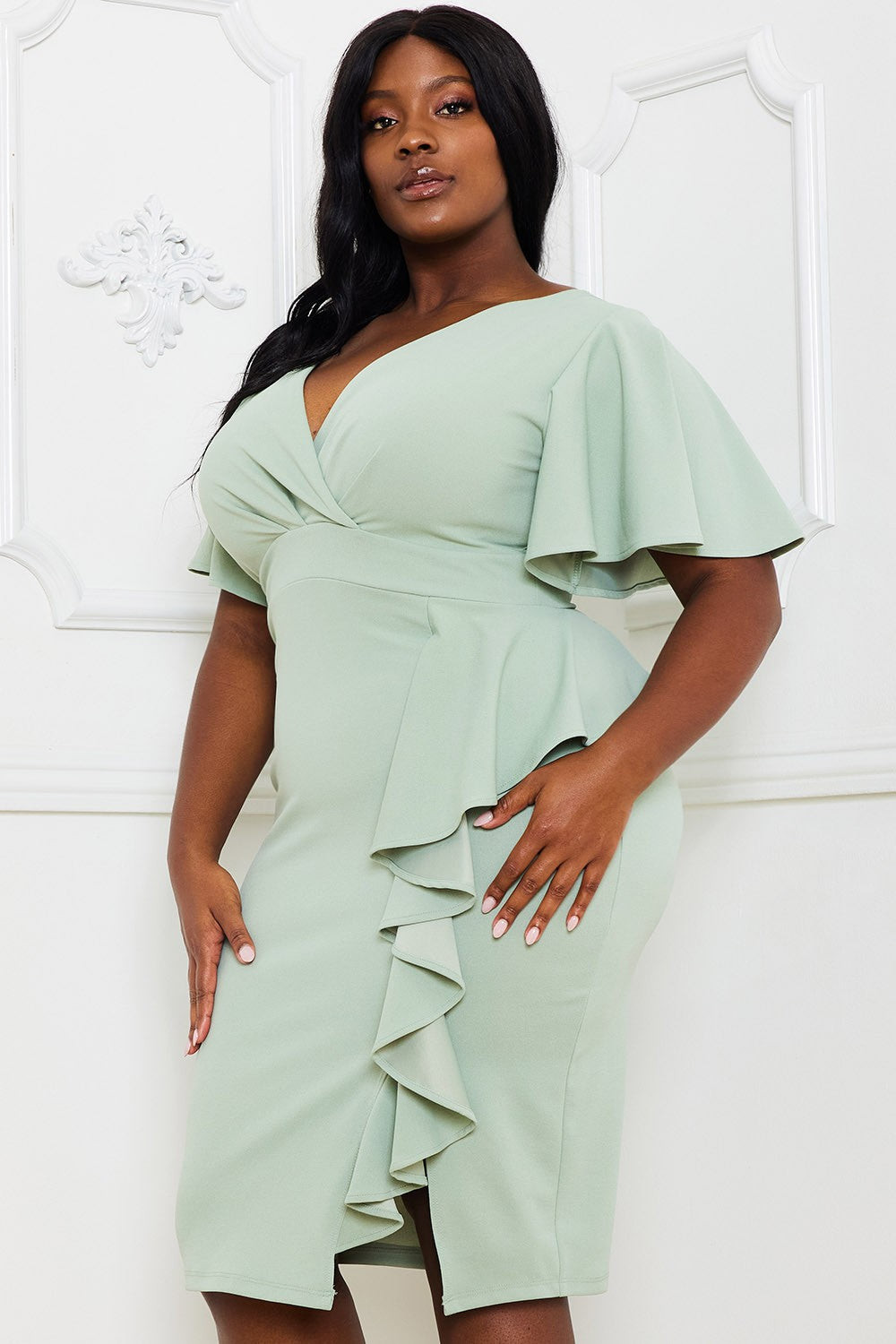 Sage Green Ruffle Detail Midi Cocktail Dress