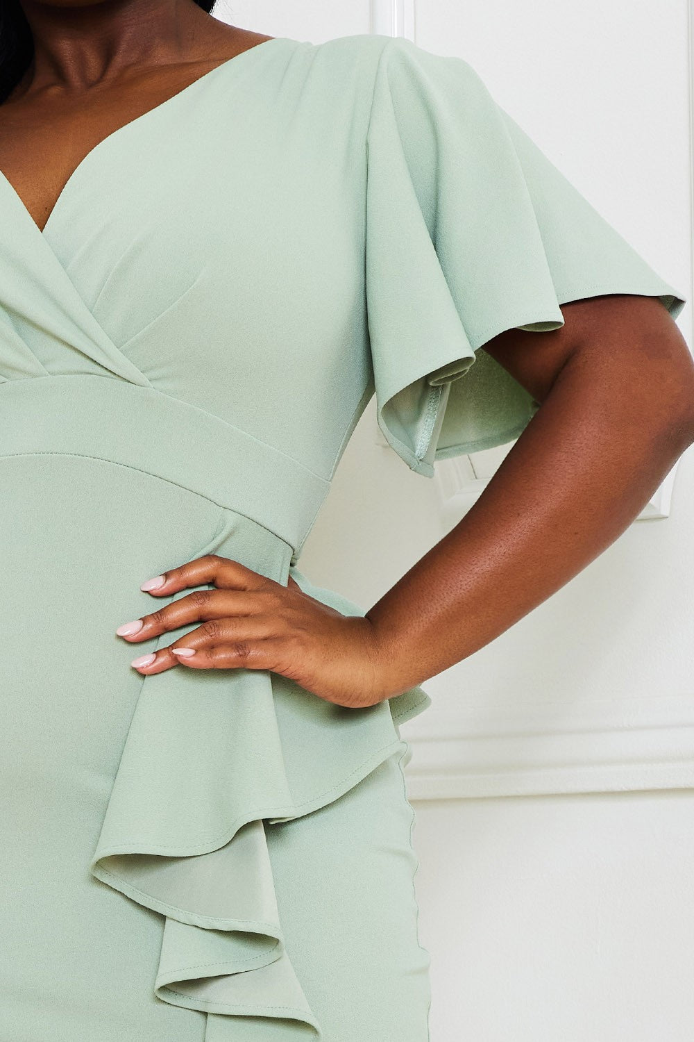 Sage Green Ruffle Detail Midi Cocktail Dress