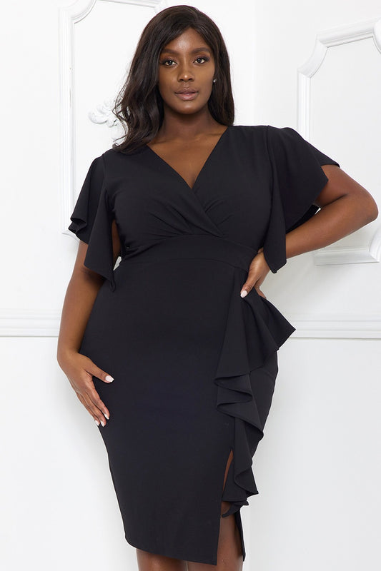 Black Ruffle Detail Midi Cocktail Dress