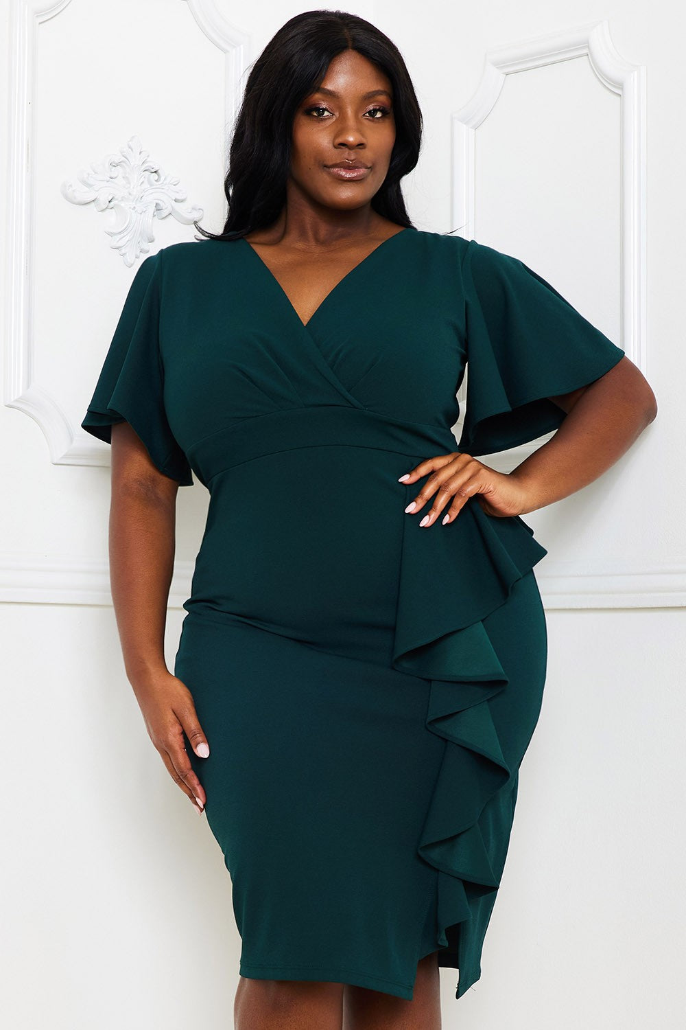 Black Ruffle Detail Midi Cocktail Dress