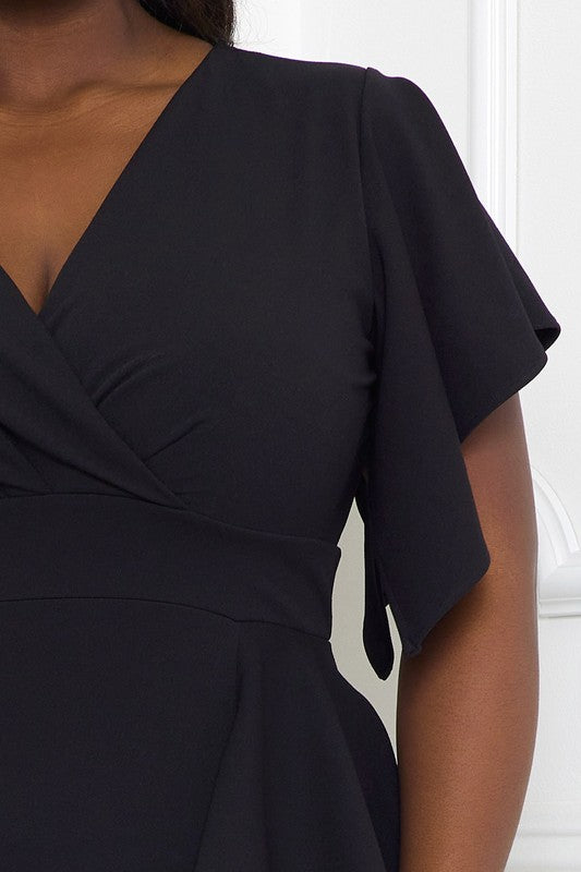 Black Ruffle Detail Midi Cocktail Dress