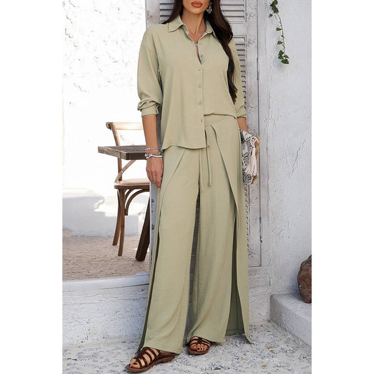 Sage Green Button-Up Top & Side-Slit Pants Set