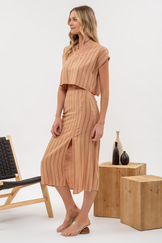 Tan Striped Midi Set - Skirt