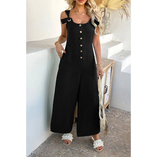 Button Front Wide Leg Jumpsuit