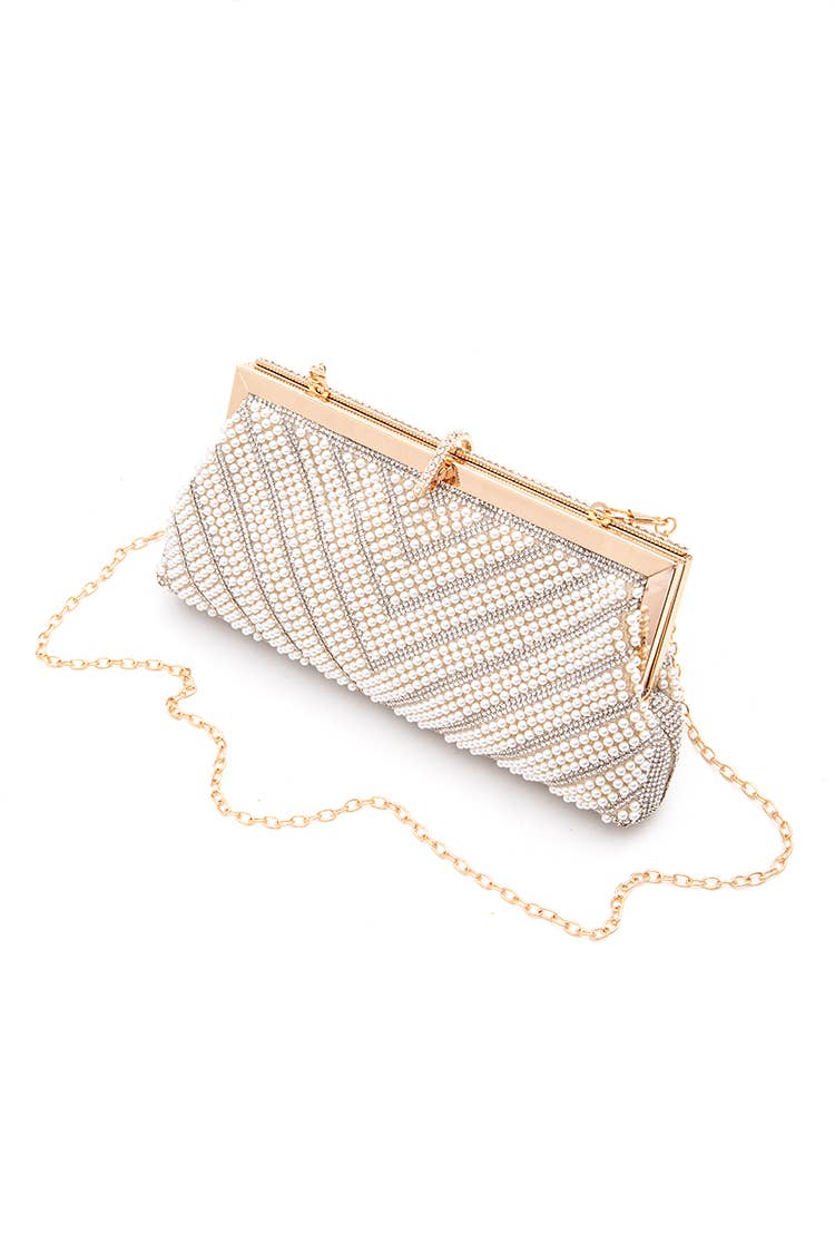Chevron Mix Pearl Rhinestone Evening Statement Clutch Bag