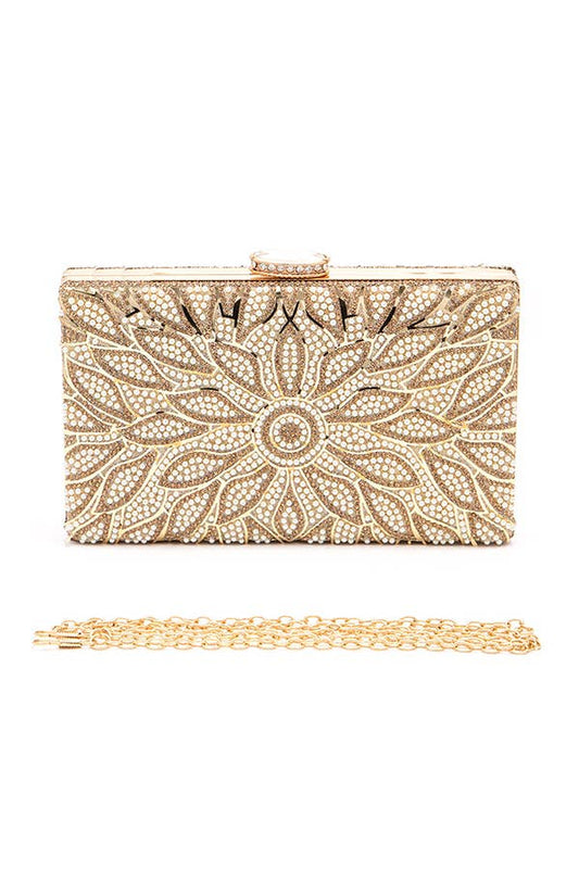 Pearl Studs Rhinestone Flower Box Clutch Bag