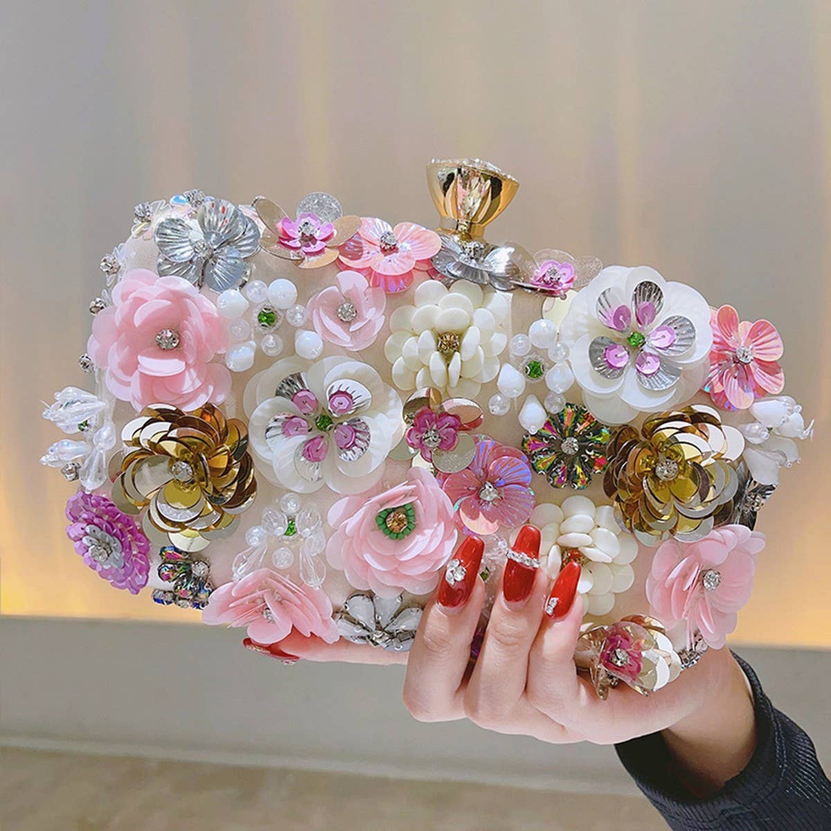 Apricot Flower Beaded Clutch